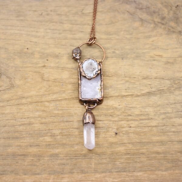 Antique Copper Soldered Dangling Tassel Pendants Raw Kyanite Quartz Geode Druzy Vintage Buddha Necklaces Man Boho Jewelry,QC3221