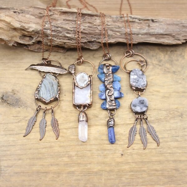 Antique Copper Soldered Dangling Tassel Pendants Raw Kyanite Quartz Geode Druzy Vintage Buddha Necklaces Man Boho Jewelry,QC3221