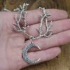 Antique Silver Fantasy Forest Antler Branches Necklace Celtics Moon Branch Pendant Wedding Jewelry