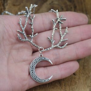 Antique Silver Fantasy Forest Antler Branches Necklace Celtics Moon Branch Pendant Wedding Jewelry