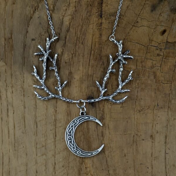 Antique Silver Fantasy Forest Antler Branches Necklace Celtics Moon Branch Pendant Wedding Jewelry