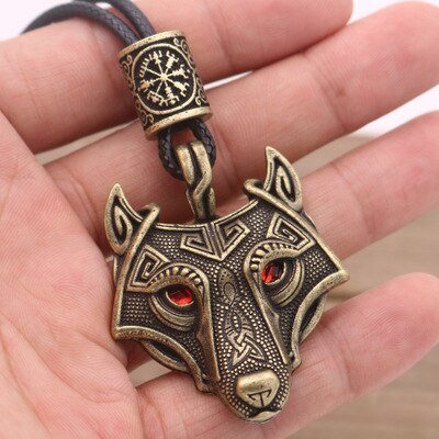 Viking Magic~Antiquing Rune bead Viking Wolf Head Necklace Blue Eye Necklace Nordic Fashion Jewelry Amulet