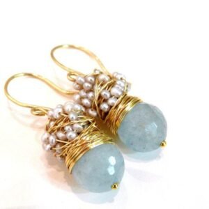 Aquamarine earrings with big faceted aquamarine and silver pearls earrings