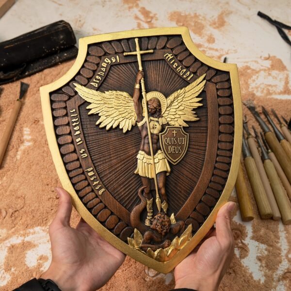 Archangel Michael Shield, Handmade Christian Sculpture, Wooden Icon, Wall Hanging Vintage Wall Art, 14 Inch, Free Shipping