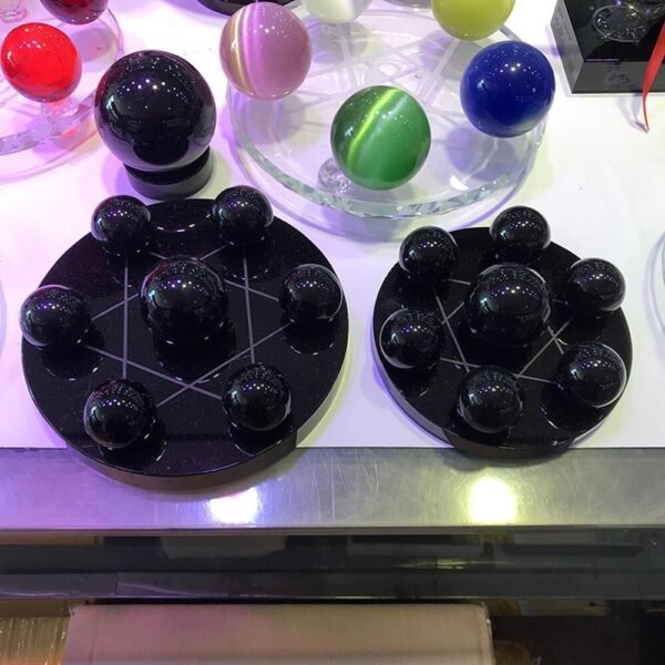 Asian Rare Natural Obsidian 7 Stars Array Plate Base Seven Chakra Reiki Healing Crystal Ball Stand Decorate 3.9"