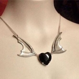 Bat Wing Necklace with Black Heart ,Vampire Bat Necklace,gift for Bat Lover,Silver plated Bat Wing Necklace,halloween Jewelry