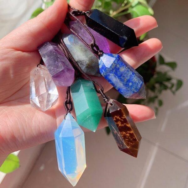 Big Natural Stone Crystal Jewelry Lapis Amethysts Opal Pink Quartz Obsidian Bullet Hexagonal Pendulum Pendant Necklace Amulet