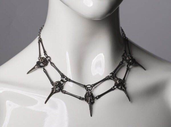 Bird Skull Necklace / Gunmetal Color Necklace / Handmade Steampunk Jewelry / Dark Metal Wiccan Necklace / Dark Style Necklace