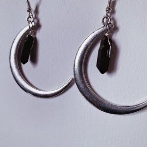 Black Quartz Moon Earrings - Silver Plated Crescent Moon + Titanium Quartz Point