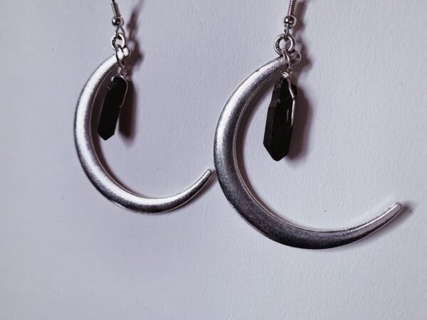Black Quartz Moon Earrings - Silver Plated Crescent Moon + Titanium Quartz Point