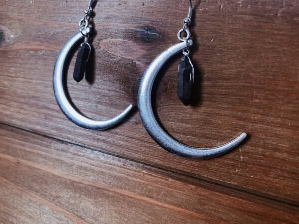 Black Quartz Moon Earrings - Silver Plated Crescent Moon + Titanium Quartz Point