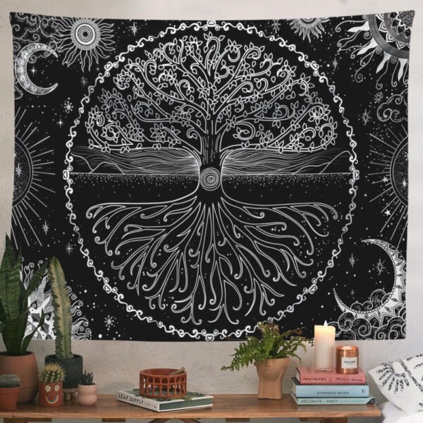 Black and White Tree Tapestry Wall Hanging Tree of Life Tapestry for Bedroom Home Decor Wall Tapestries Sun Moon Starry Sky Tape