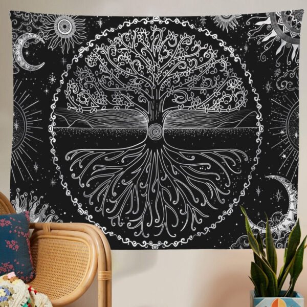 Black and White Tree Tapestry Wall Hanging Tree of Life Tapestry for Bedroom Home Decor Wall Tapestries Sun Moon Starry Sky Tape