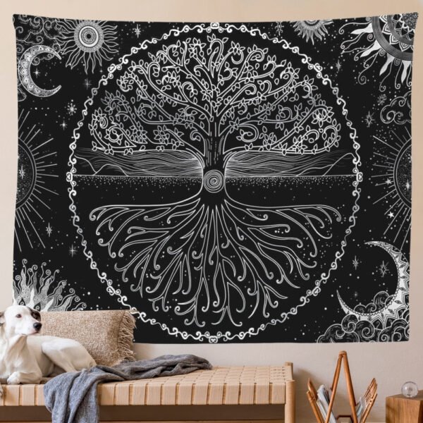 Black and White Tree Tapestry Wall Hanging Tree of Life Tapestry for Bedroom Home Decor Wall Tapestries Sun Moon Starry Sky Tape