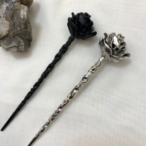 Black silver rose skull hairpin hair stick Wicca accessories witches wand  witchcraft staff gift weight 85g
