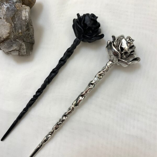 Black silver rose skull hairpin hair stick Wicca accessories witches wand  witchcraft staff gift weight 85g