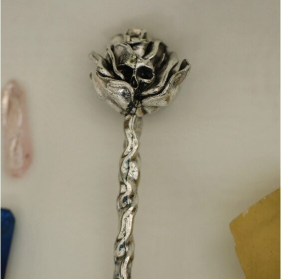 Black silver rose skull hairpin hair stick Wicca accessories witches wand  witchcraft staff gift weight 85g