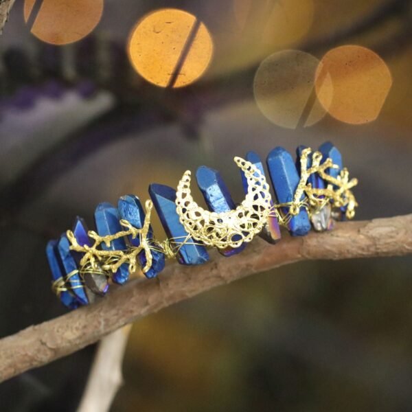 Blue crystal crown golden moon headband BOHO party wedding Wicca accessories festive alternative tiara jewelry