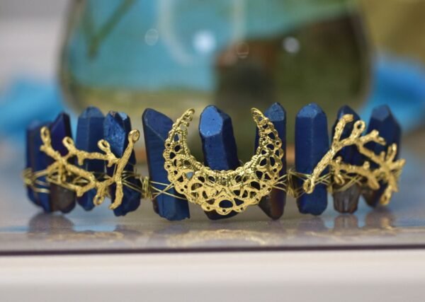 Blue crystal crown golden moon headband BOHO party wedding Wicca accessories festive alternative tiara jewelry
