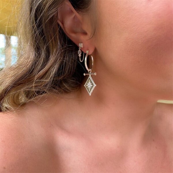 Inlaid Moonstone Polaris Pendant Earrings  Geometric Prismatic Drop Earrings