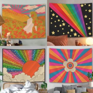 Boho Sun Tapestry Wall Hanging Moon Phase Rainbow Tapestries Bedroom Decor Bedspread Throw Cover Sun Moon Wall Decor