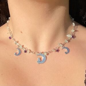 Boho Witch’s Crystal Beaded Chain Necklace, Amethyst, Green Aventurine, Moon, Moon Pendant, Halloween, Hippie