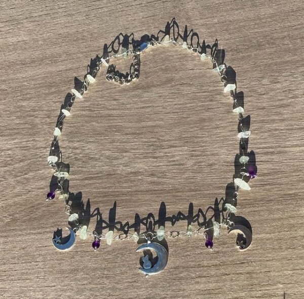 Boho Witch’s Crystal Beaded Chain Necklace, Amethyst, Green Aventurine, Moon, Moon Pendant, Halloween, Hippie