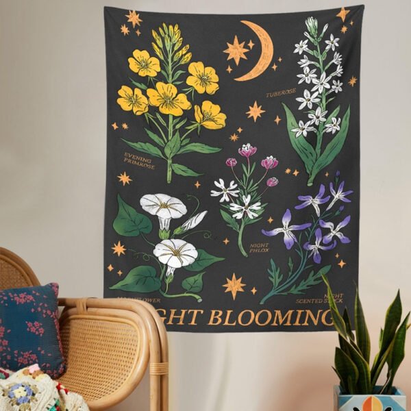 Botanical Wildflower Tapestry Wall Hanging Moon Starry Flower Reference Chart Hippie Bohemian Tapestries Psychedelic Home Decor