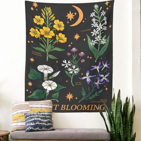 Botanical Wildflower Tapestry Wall Hanging Moon Starry Flower Reference Chart Hippie Bohemian Tapestries Psychedelic Home Decor