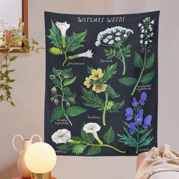 Botanical Wildflower Tapestry Wall Hanging Moon Starry Flower Reference Chart Hippie Bohemian Tapestries Psychedelic Home Decor