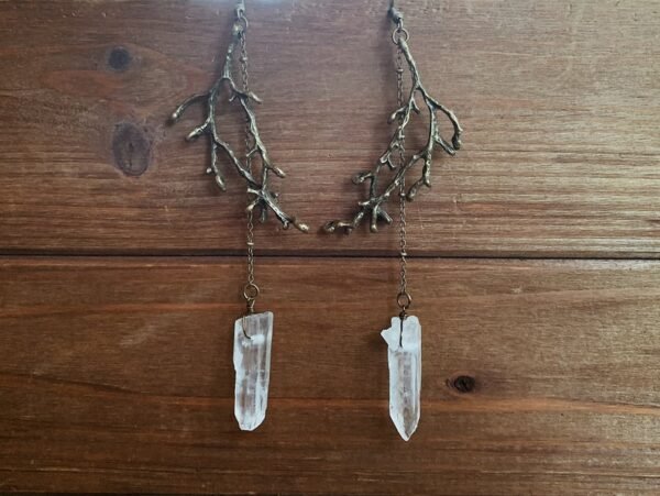 Branch Earrings - Clear Quartz Point + Branch | Antique Copper, Bronze, or Silver Plated