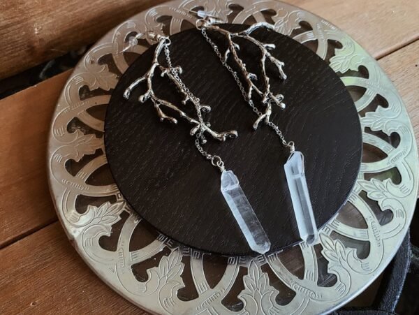 Branch Earrings - Clear Quartz Point + Branch | Antique Copper, Bronze, or Silver Plated