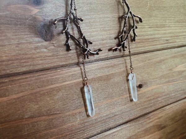 Branch Earrings - Clear Quartz Point + Branch | Antique Copper, Bronze, or Silver Plated