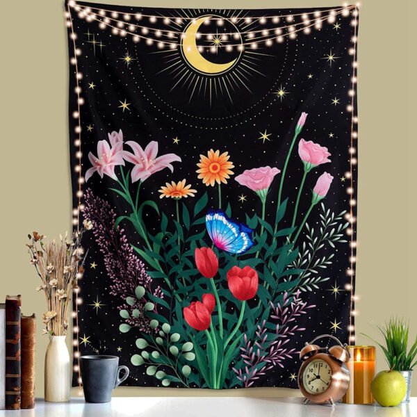 Butterfly Flower Tapestry Wall Hanging Moon and Stars Floral Tapestries Wildflower Aesthetic Tarot Bedroom Home Dorm Living Room