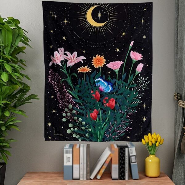 Butterfly Flower Tapestry Wall Hanging Moon and Stars Floral Tapestries Wildflower Aesthetic Tarot Bedroom Home Dorm Living Room