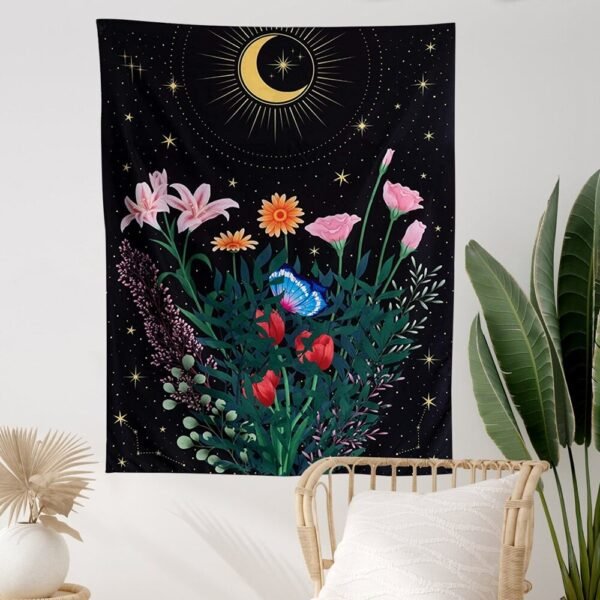 Butterfly Flower Tapestry Wall Hanging Moon and Stars Floral Tapestries Wildflower Aesthetic Tarot Bedroom Home Dorm Living Room