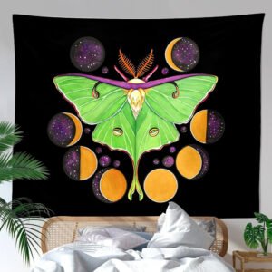 Butterfly Moon Phase Tapestry Wall Hanging Moon Black and Green Wall Art Tapestry for Bedroom Living Room Dorm Home Decor