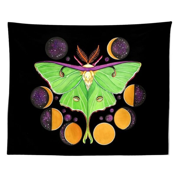 Butterfly Moon Phase Tapestry Wall Hanging Moon Black and Green Wall Art Tapestry for Bedroom Living Room Dorm Home Decor