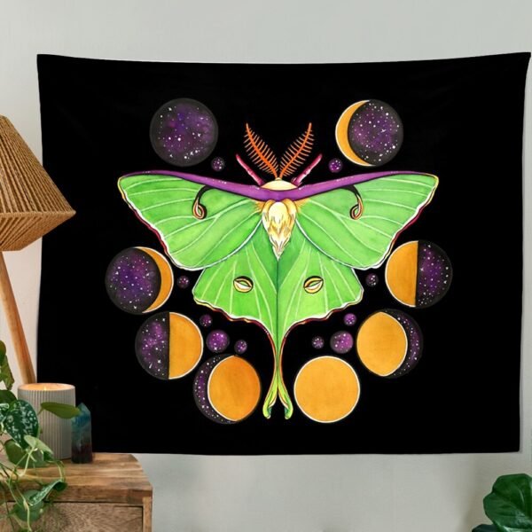 Butterfly Moon Phase Tapestry Wall Hanging Moon Black and Green Wall Art Tapestry for Bedroom Living Room Dorm Home Decor