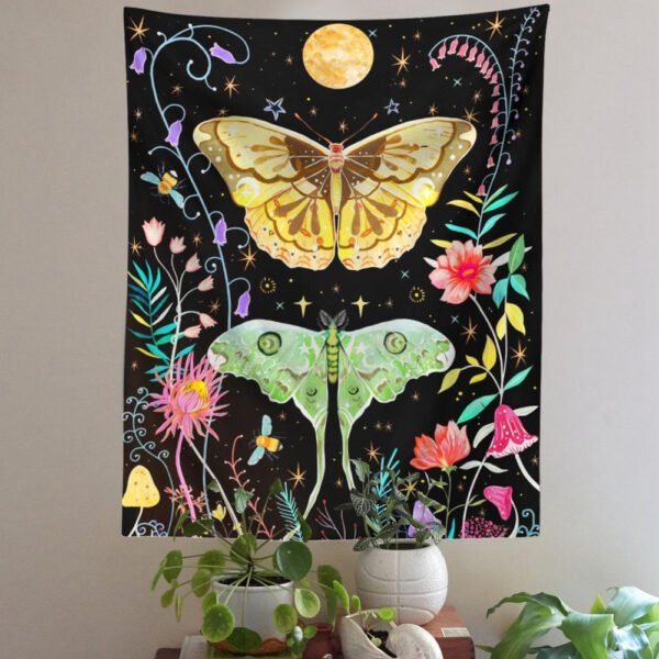 Butterfly and Flower Tapestry Wall Hanging, Moon Floral Tapestries, Black Wildflower Aesthetic Wall Tapestry for Bedroom Dorm