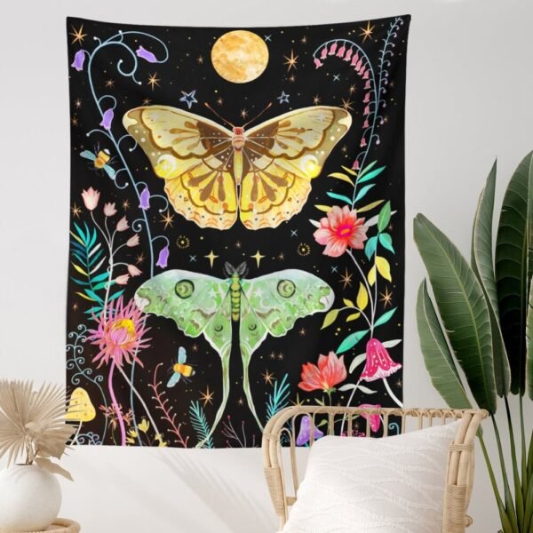 Butterfly and Flower Tapestry Wall Hanging, Moon Floral Tapestries, Black Wildflower Aesthetic Wall Tapestry for Bedroom Dorm
