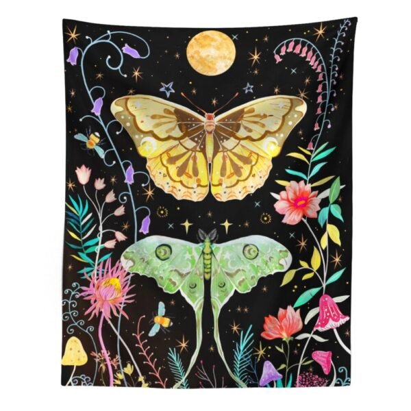 Butterfly and Flower Tapestry Wall Hanging, Moon Floral Tapestries, Black Wildflower Aesthetic Wall Tapestry for Bedroom Dorm
