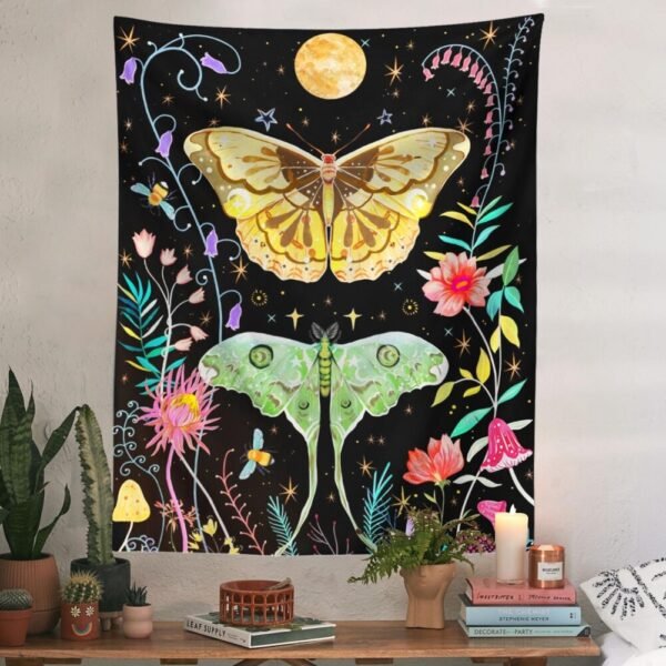 Butterfly and Flower Tapestry Wall Hanging, Moon Floral Tapestries, Black Wildflower Aesthetic Wall Tapestry for Bedroom Dorm