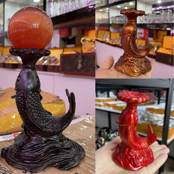 Carp Fish Resin Statue Sculpture Crystal Ball Base Stand Wealth Fortune Lucky Auspicious Home Office Feng Shui Collection Gift
