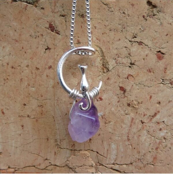 Cat Amethyst moon Necklace,Moon Cat Necklace, Cat Charm Necklace, Cat and Moon Gift, Cat Jewelry, Cat Lover's gift for her