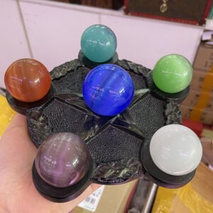 Cat Eye Stone Sphere Pentagram Star Crystal Quartz Orb Holder Resin Display Stand Home Office Feng Shui Decoration