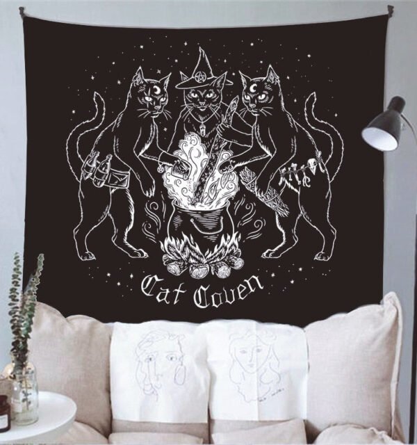 Cat Witchcraft Tapestry Wall Hanging Tapestries Mysterious Divination Baphomet Occult Home Wall Black Cool Decor Cat Coven  Wall Decor