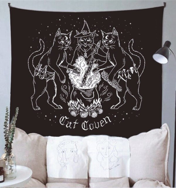 Cat Witchcraft Tapestry Wall Hanging Tapestries Mysterious Divination Baphomet Occult Home Wall Black Cool Decor Cat Coven  Wall Decor