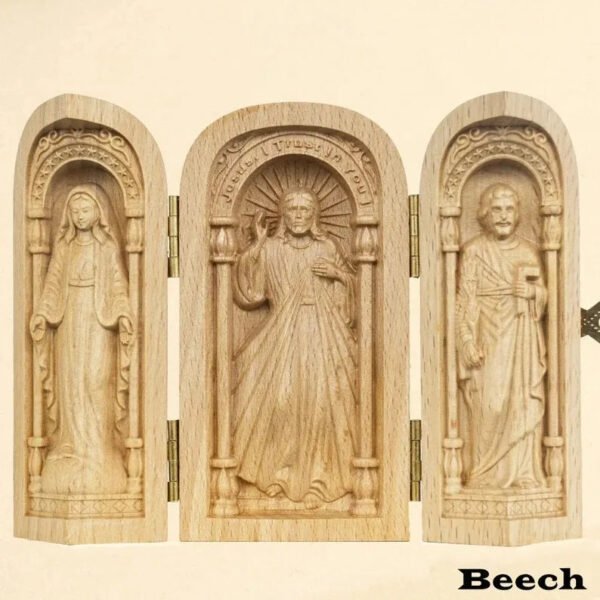Catholic holy relics three open box handicraft ornaments wood carving prayer altar Virgin Mary Jesus Christ saint statue