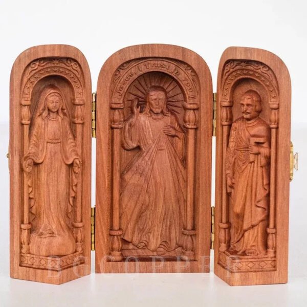 Catholic holy relics three open box handicraft ornaments wood carving prayer altar Virgin Mary Jesus Christ saint statue